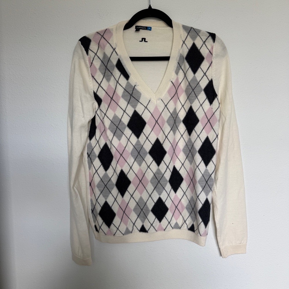 J.Lindeberg Cream Argyle V-Neck Sweater with Black and Pink Accents